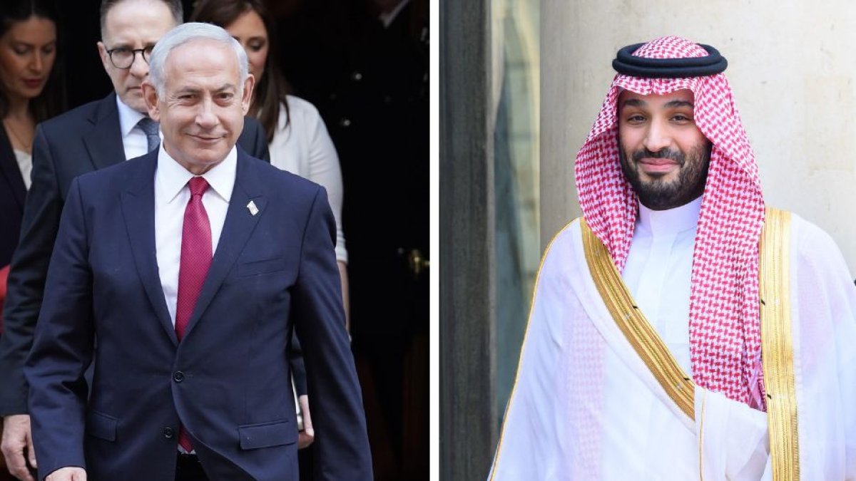 Mohammed bin Salman y Netanyahu saliendo de reuniones en Paris y Londres, respectivamente.