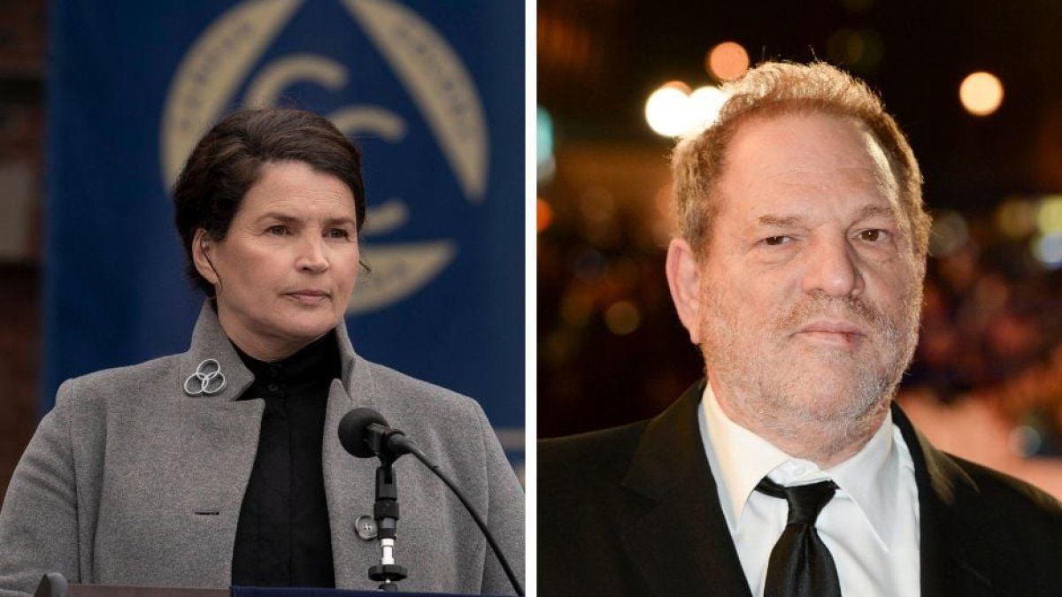 A la izquierda: la actriz británica Julia Ormond en una foto publicada en 2020. A la derecha: el ex productor Harvey Weinstein en una imagen publicada en 2015.