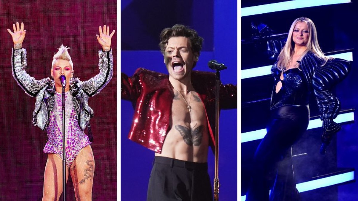 Imágenes de Pink, Harry Styles y Bebe Rexha, algunos de los cantantes a los que los fans arrojaron objetos durante sus conciertos.