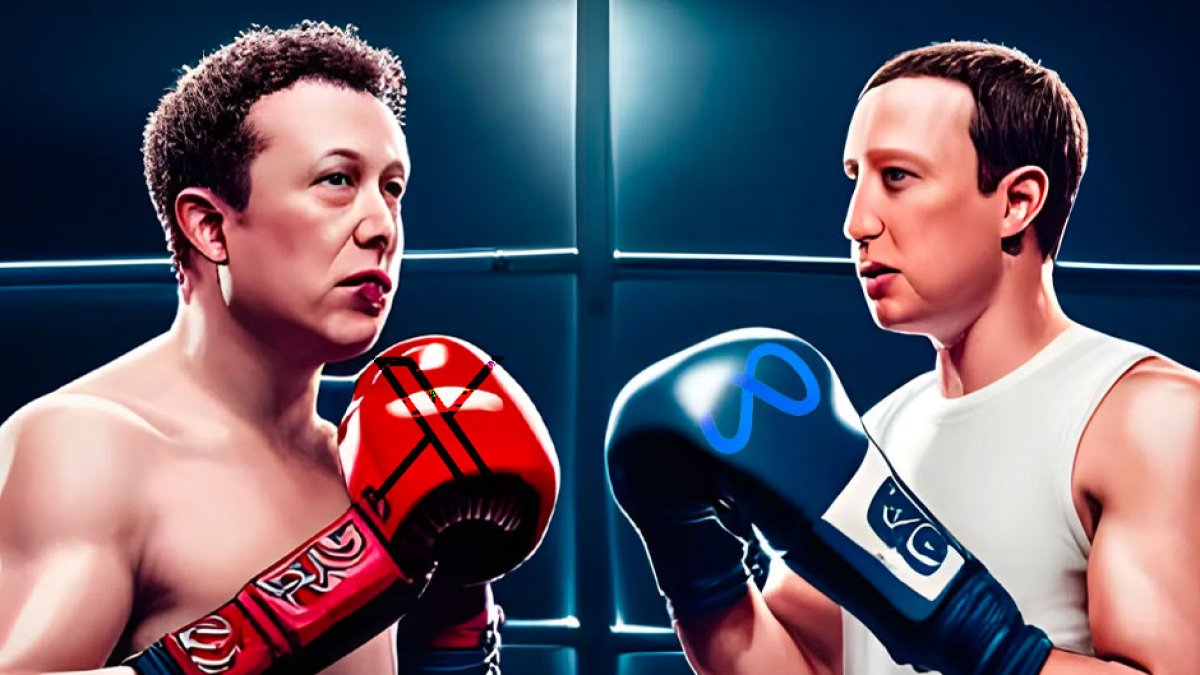 Montaje realizado por Inteligencia Artificial de Elon Musk y Mark Zuckerberg librando un combate en una jaula.