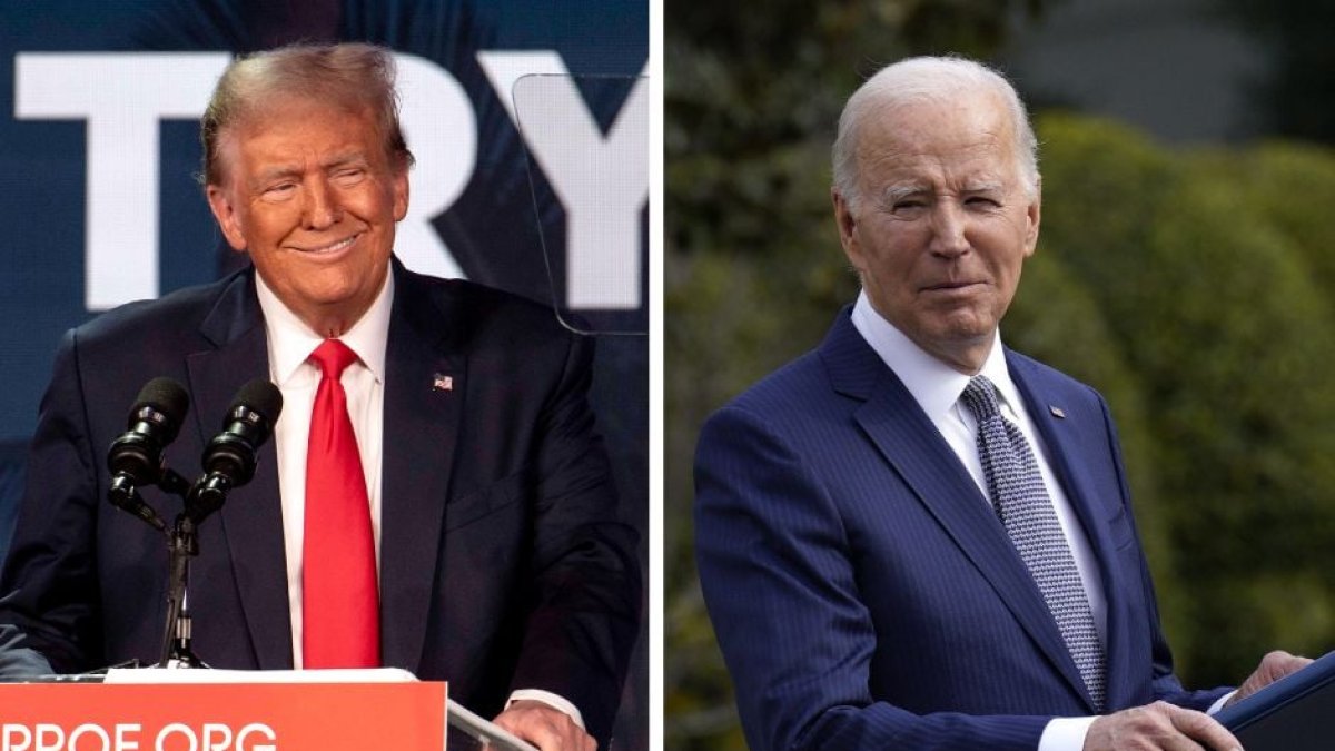 Pantalla dividida con imágenes de Donald Trump y Joe Biden hablando desde atriles.