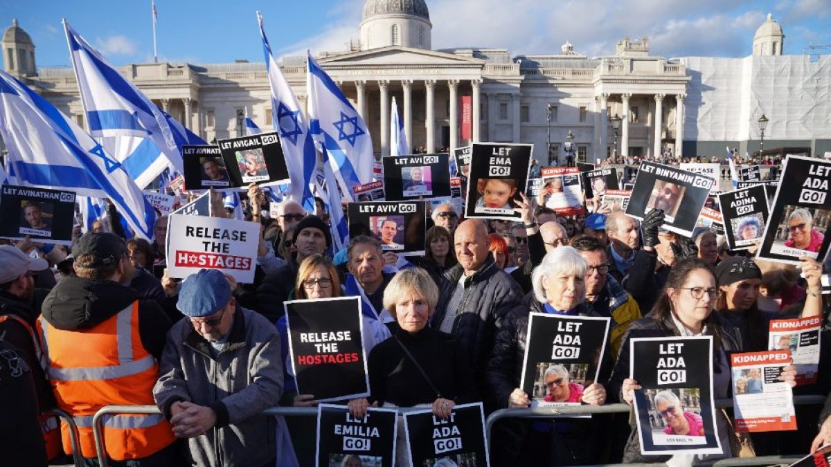 Members of the Jewish community attend a rally calling for the safe return of hostages and to highlight the effect of the Hamas attacks on Israel.