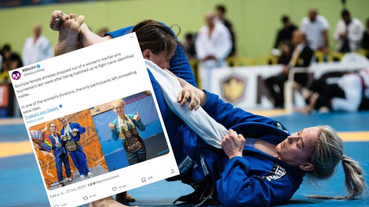 Imagen de una competición de jiu-jitsu brasileño junto con el post de Redduxx con dos trans copando las medallas.
