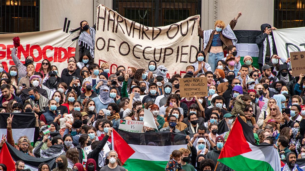 Manifestantes pro-Palestina con carteles y banderas en Harvard.