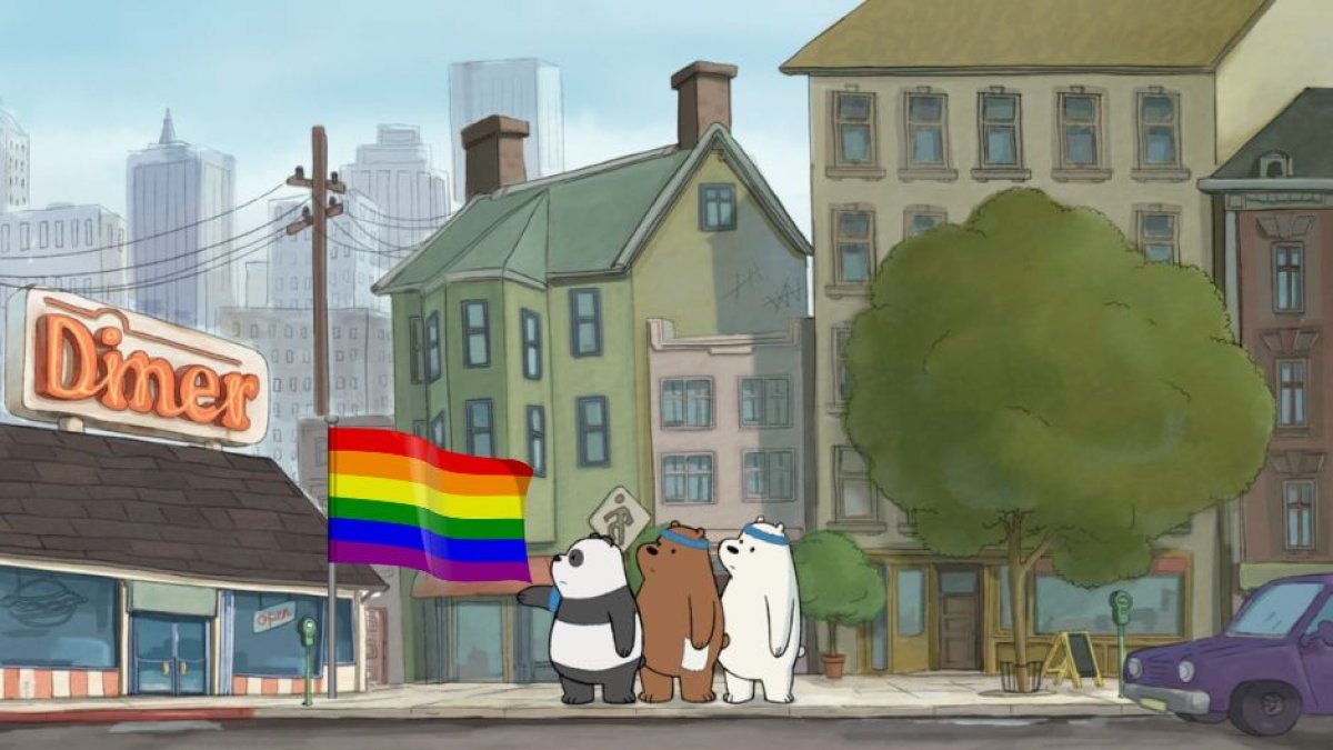 Imagen de un episodio de We Baby Bears en el que se introduce una bandera LGBT para ejemplificar cómo se introducirán los dibujos animados a la polémica.