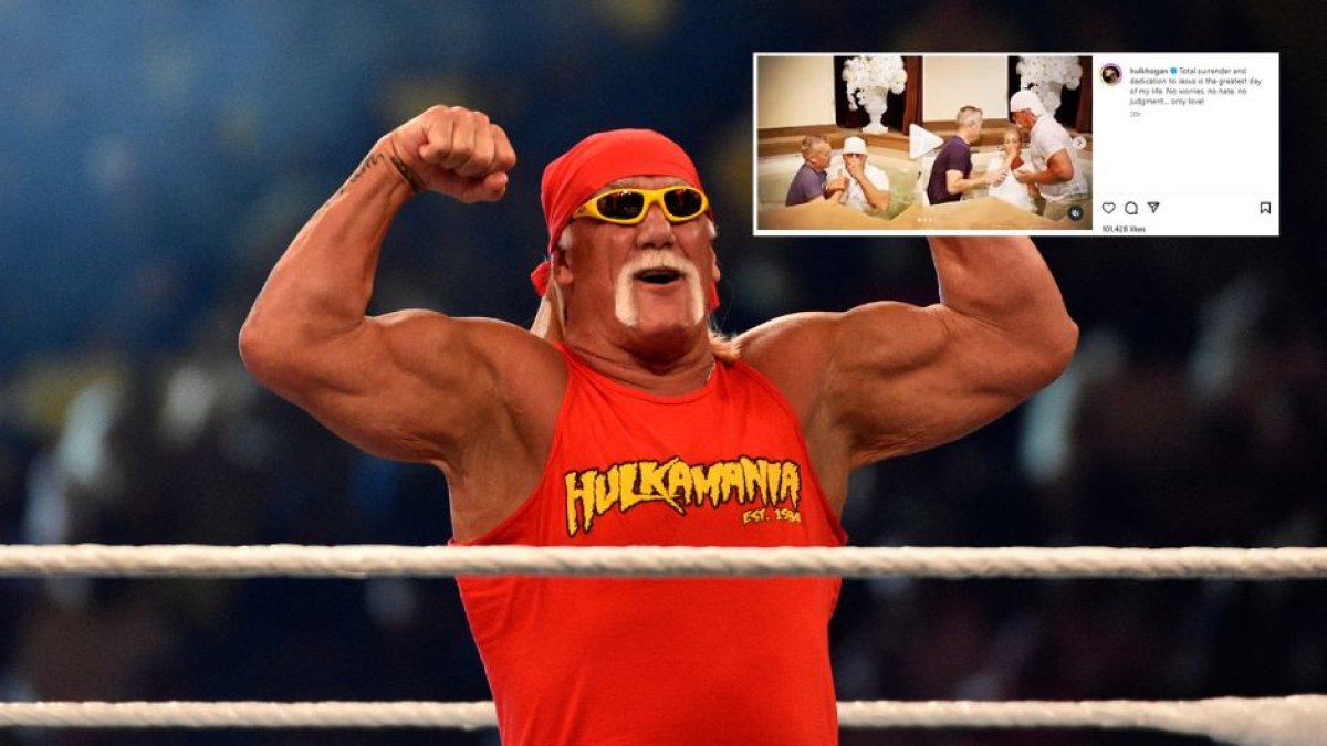 Fotomontaje con la leyenda de la WWE Hulk Hogan e imágenes de su bautizo