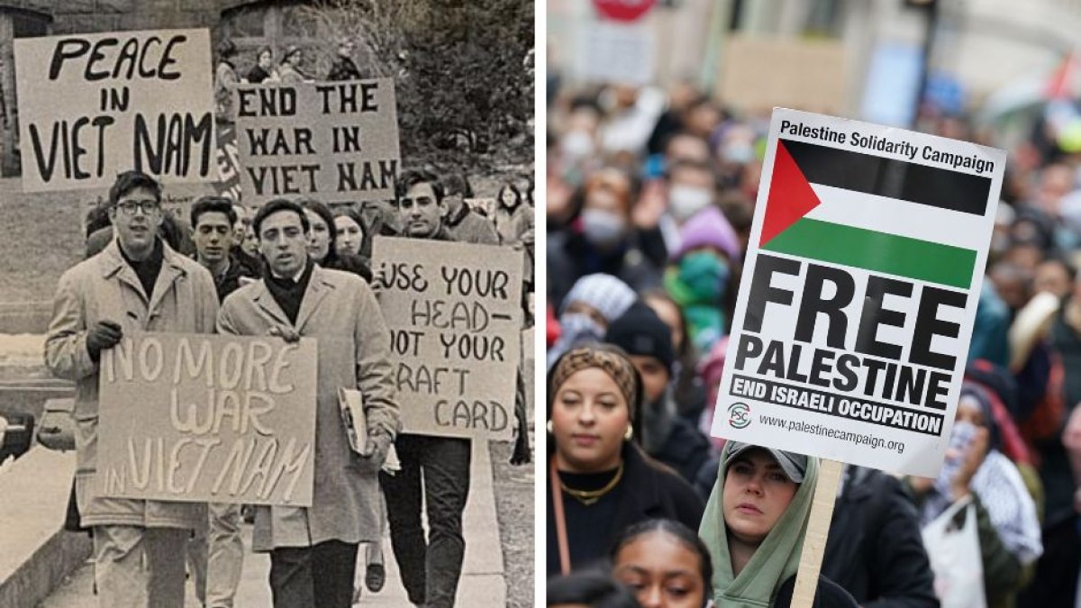 Composición de dos imágenes de archivo, una de protestas contra la Guerra de Vietnam y otra contra la de Israel y Hamás.