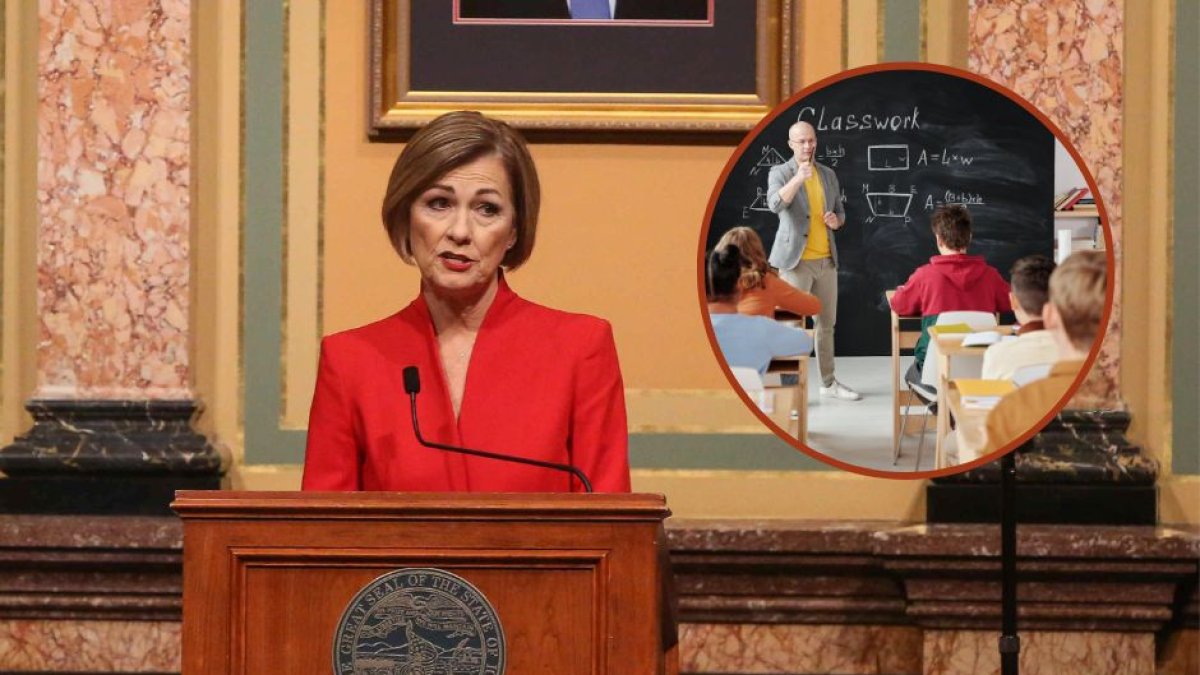 Composición de dos imágenes de archivo, una con la gobernadora de Iowa Kim Reynolds y otra donde se puede ver el aula de una escuela.