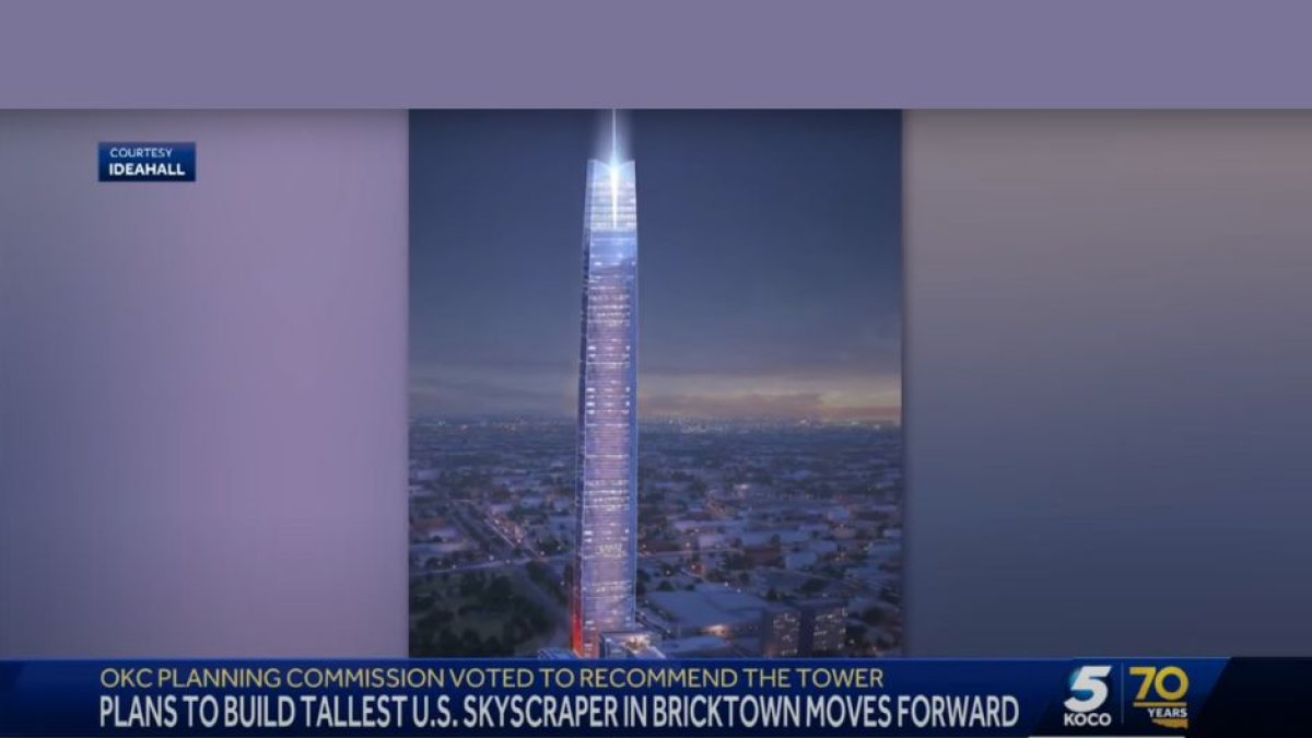 Captura de pantalla con una imagen del proyecto para construir la Legends Tower, el nuevo rascacielos de Oklahoma City que, cuando esté construido, se convertirá en el edificio más alto del país.