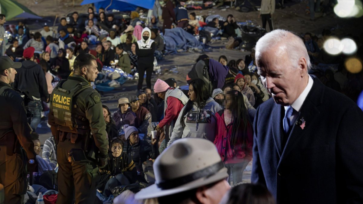 Montaje del presidente Biden sobre un grupo de inmigrantes vigilado por agentes de la Patrulla Fronteriza.