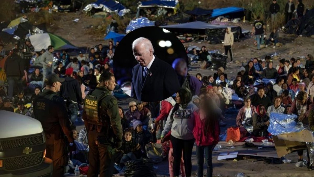 Montaje del presidente Biden sobre un grupo de inmigrantes vigilado por agentes de la Patrulla Fronteriza.
