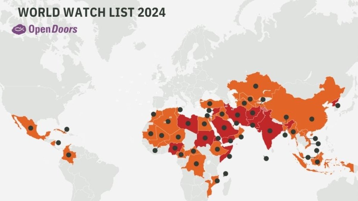 Mapa en el que se observan los 50 países en los que la eprsecución contra los cristianos en mayor.