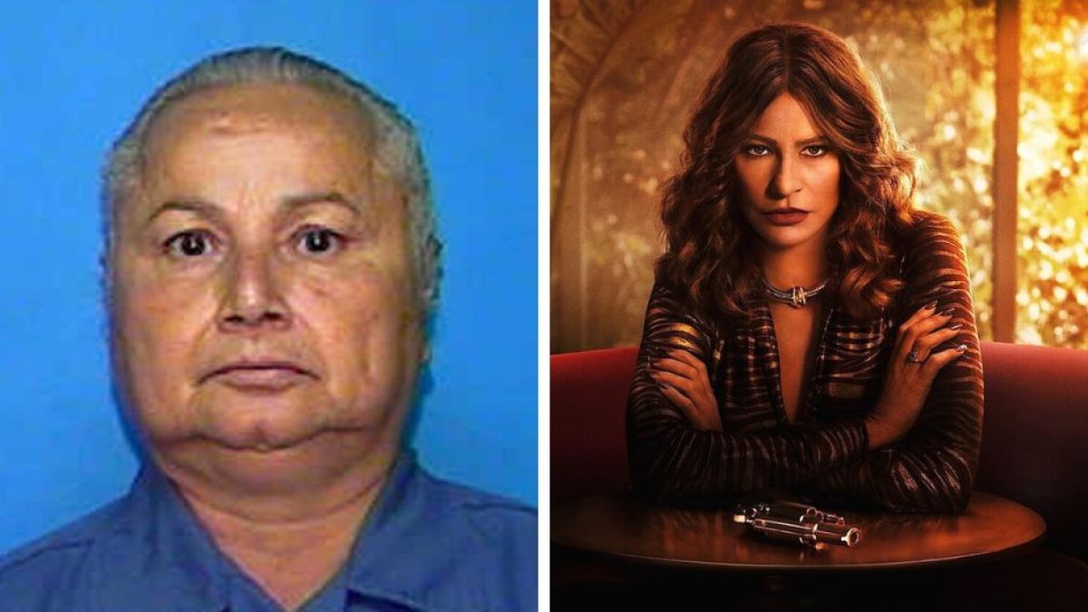 A la izquierda: la narcotraficante colombiana Griselda Blanco durante su foto policial de California; a la derecha, Sofía Vergara como Griselda Blanco en la serie de Netflix, 'Griselda'.