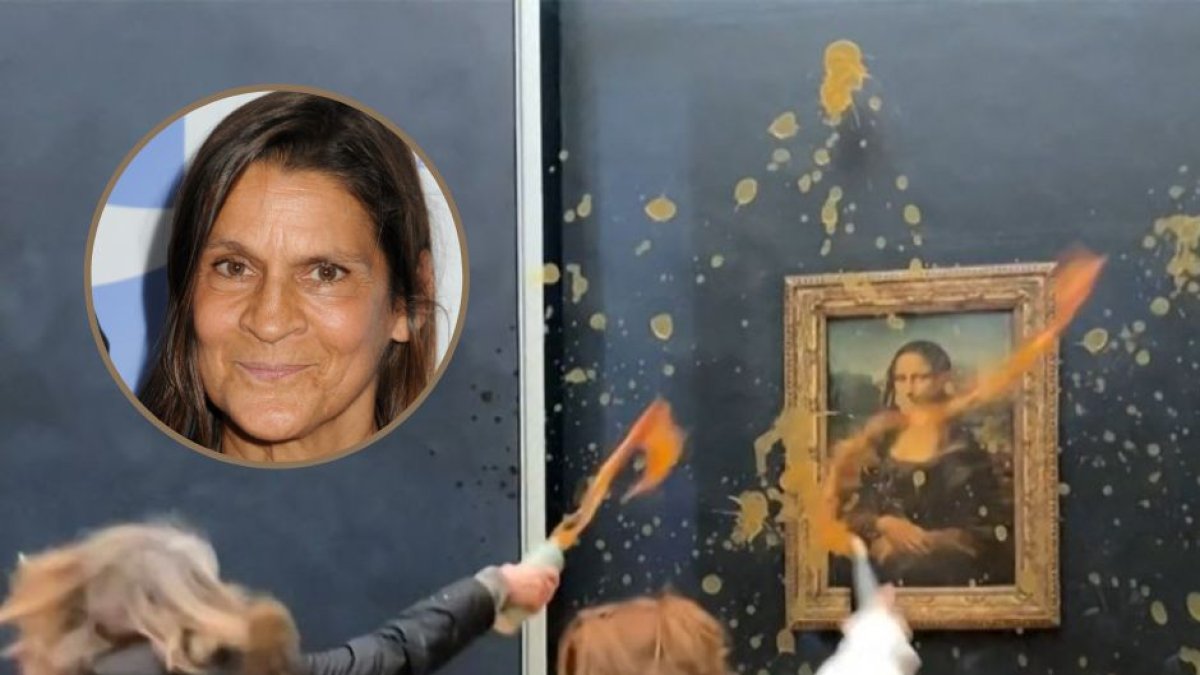 Composición con una imagen de archivo de la millonaria filántropa Aileen Getty y el momento en que dos activistas ecologistas tiran sopa a el cuadro de La Mona Lisa