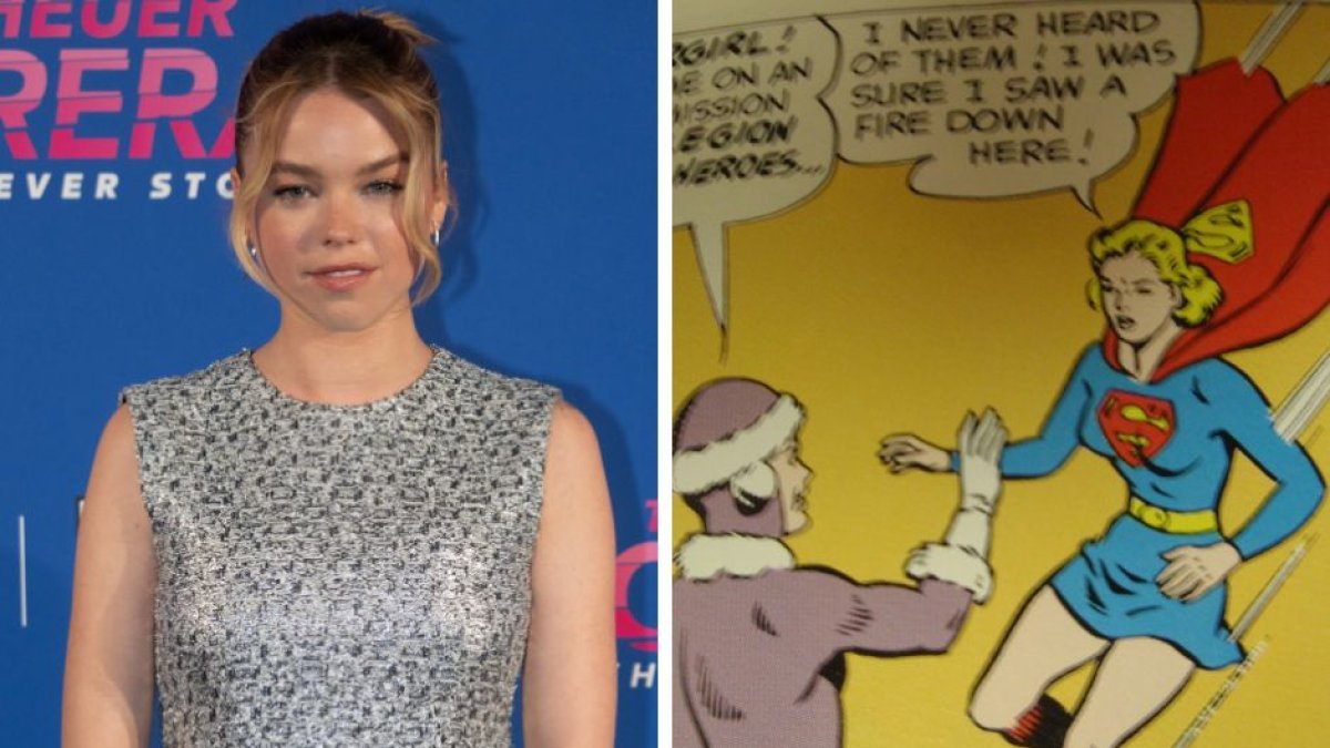 A la izquierda: Milly Alcock durante una premiere en abril de 2023. A la derecha: imagen de un cómic de Supergirl.
