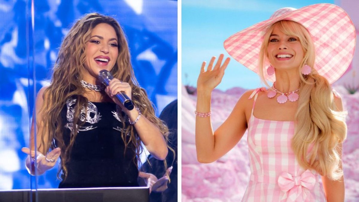 A la izquierda: Shakira durante su concierto en marzo de 2024 en Times Square. A la derecha: Margot Robbie interpretando a Barbie en la película dirigida por Margot Robbie y estrenada en julio de 2023.