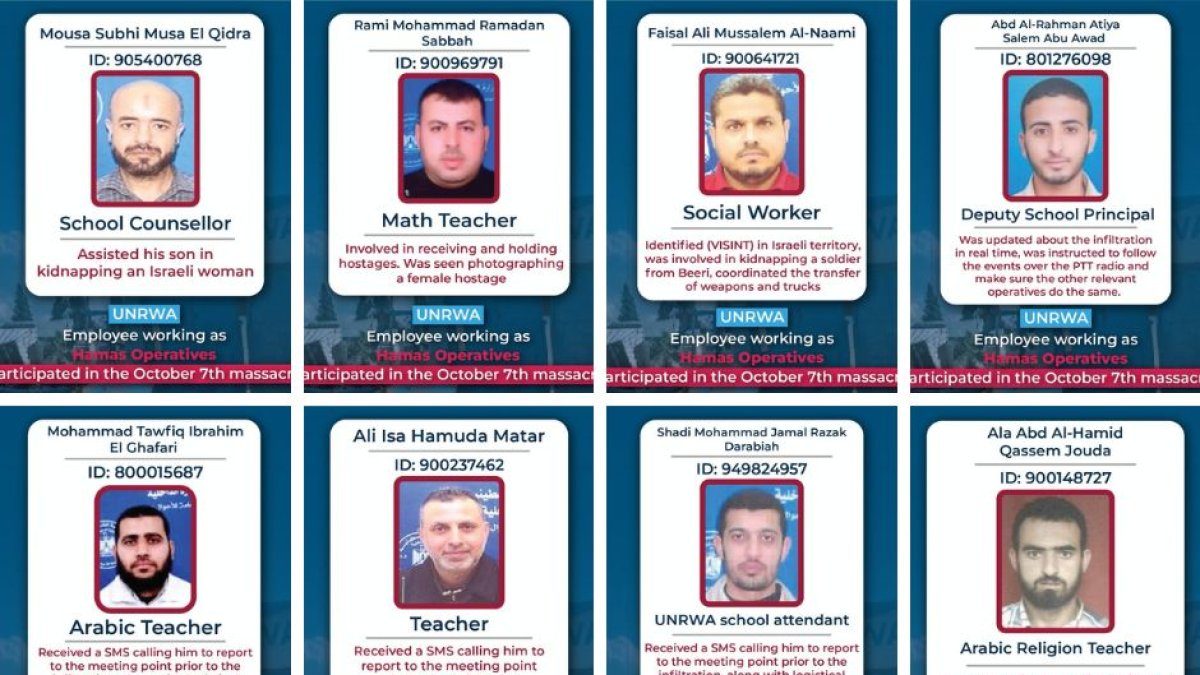 Los rostros y cargos de los ocho empleados de la UNRWA de participar en la masacre del 7 de Octubre.