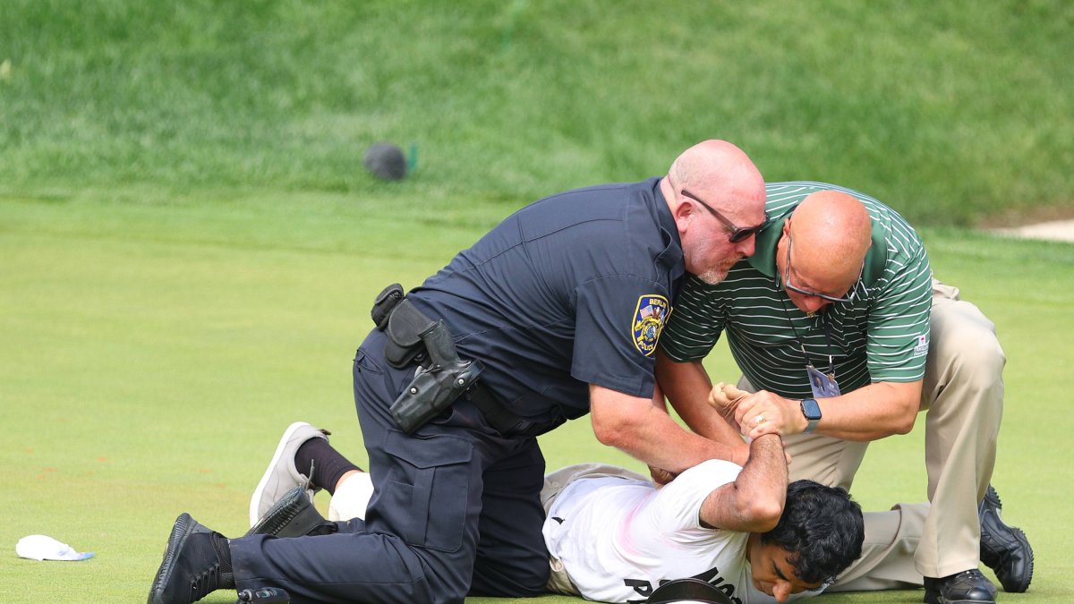 CROMWELL, CT - JUNE 23: Protesters are arrested after running onto the 18th green during the final round of the 2024 Travelers Championship on June 23, 2024, at TPC River Highlands in Cromwell, CT. (Credit Image: © Mingo Nesmith/Icon SMI via ZUMA Press)