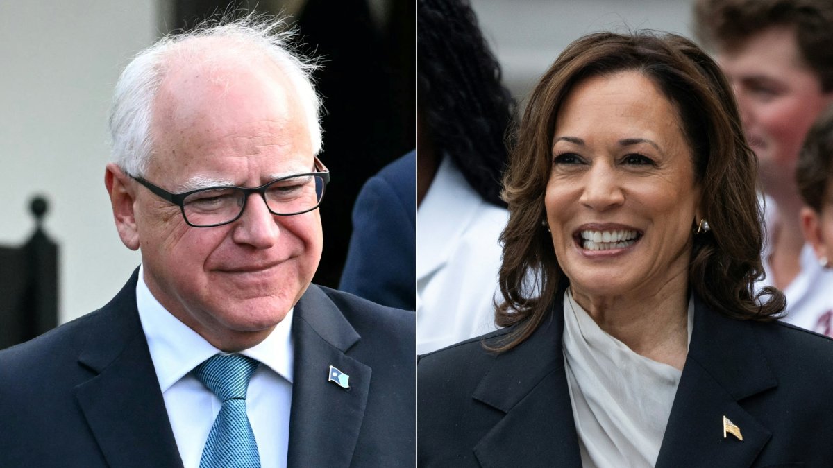 (COMBO) This combination of pictures created on August 2, 2024, shows US Vice President Kamala Harris in Washington, DC on July 22, 2024, and Governor of Minnesota Tim Walz in Washington, DC, July 3, 2024. - Harris named Walz as her running mate on August 6, 2024, US media reported, as the vice president prepares to take on Republican Donald Trump in November's US election. (Photo by Jim WATSON and Chris Kleponis / AFP)