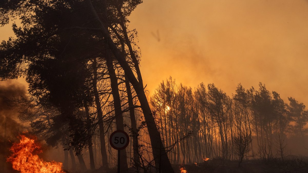 (240812) -- ATHENS, Aug. 12, 2024 (Xinhua) -- A car (lower left corner) catches fire during a wildfire in Varnavas, around 35 km from Athens, Greece, on Aug. 11, 2024. Greek firefighters were battling a major wildfire for several hours on Sunday near Athens, which has forced the evacuation of five settlements, the Fire Brigade said.