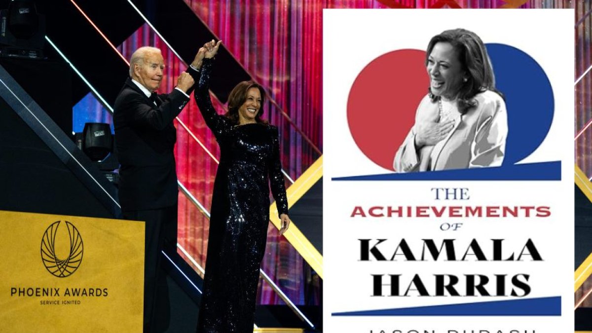 Montaje con la portada del libro 'Los logros de Kamala Harris' junto a Joe Biden y la vicepresidente durante la gala de los Phoenix Awards..