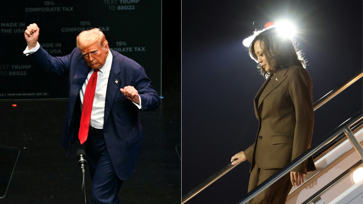 Elecciones presidenciales 2024 | Donald Trump hace gestos de victoria y Kamala Harris desciende de un avión.