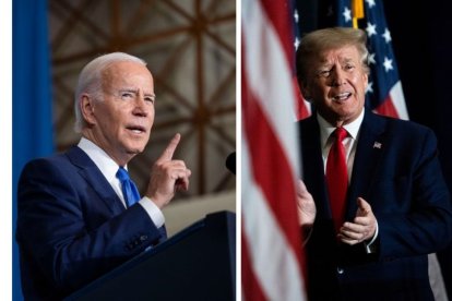 montaje de Joe Biden (izq.) y Donald Trump (dcha.) durante sendos discursos.