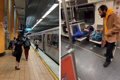 Imágenes contrapuestas del metro de Los Ángeles. Una de ellas muestra un andén, la otra el interior de un tren en el que moran varias personas en situación de desamparo.