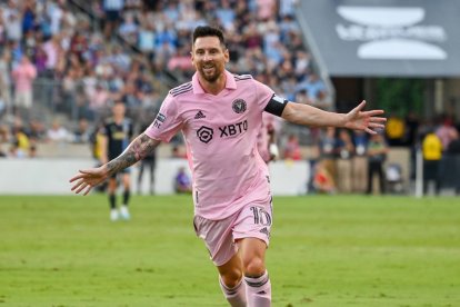 Lionel Messi celebra el gol que anotó en la semifinal de la Leagues Cup frente al Philadelphia Union. 16 de agosto de 2023.