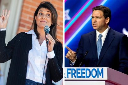 Nikky Haley y Ron DeSantis durante actos de sus respectivas campañas.