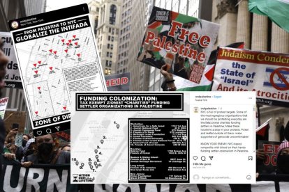 Montaje de manifestaciones proHamás con las publicaciones señalando como objetivos de locales judíos en Nueva York.