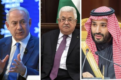 El primer ministro de Israel, Benjamin Netanyahu; el presidente de la Autoridad Palestina, Mahmud Abás; y el príncipe de Arabia Saudí, Mohammed bin Salman.