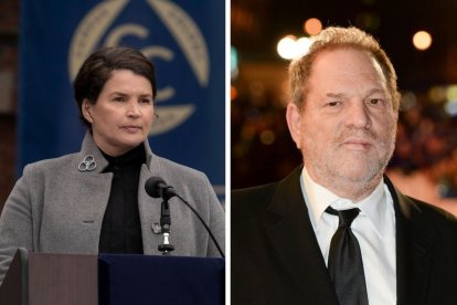 A la izquierda: la actriz británica Julia Ormond en una foto publicada en 2020. A la derecha: el ex productor Harvey Weinstein en una imagen publicada en 2015.