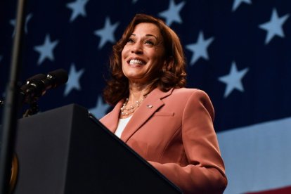 Kamala Harris durante una conferencia de prensa en Nueva York