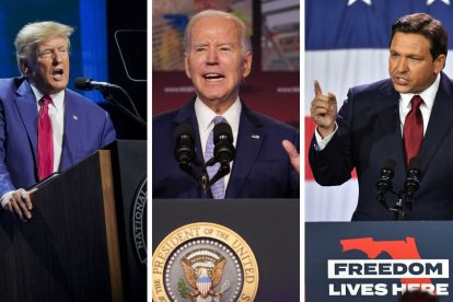 Imagen dividida en tres. A la izquierda el expresidente Donald Trump, en el centro el presidente Joe BIden y sobre la derecha el gobernador de Florida Ron DeSantis.