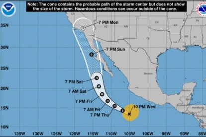 Mapa cortesía del Servicio Meteorológico Nacional de los Estados Unidos mostrando el paso del temporal Hilary desde el miércoles 16 de agosto de 2023 hasta la próxima semana.