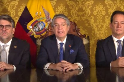 Guillermo Lasso, presidente de Ecuador, durante la comparecencia del 17 de mayo en la que anunció la disolución de la Asamblea Nacional y la convocatoria de unas nuevas elecciones.