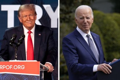 Pantalla dividida con imágenes de Donald Trump y Joe Biden hablando desde atriles.