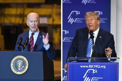 Montaje de fotografías del presidente Biden y el expresidente Trump durante discursos en 2023.