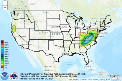 Mapa de previsiones del paso de una tormenta invernal por la costa este.