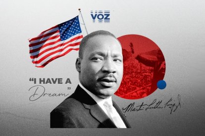 Imagen diseñada por Voz Media con Martin Luther King Jr. sobre un fondo gris, con la bandera de Estados Unidos y su icónica frase 