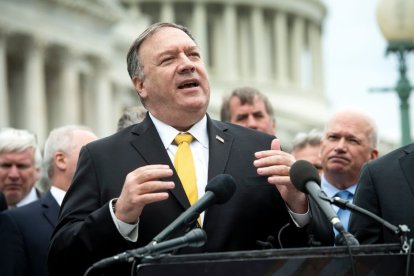 Former Secretary of State Mike Pompeo delivering remarks outside the Capitol.