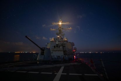 The Arleigh Burke-class guided-missile destroyer USS Carney (DDG 64) transits the Suez Canal, Oct. 18, 2023. Carney is deployed to the U.S. 5th Fleet area of operations to help ensure maritime security and stability in the Middle East region.