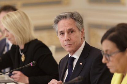 El secretario de Estado de Estados Unidos, Anthony Blinken, durante una reunión con el presidente ucraniano Vlodomir Zelensky en su visita a Kiev el martes, 14 de mayo de 2024.