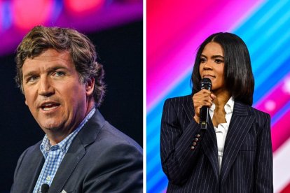 Composición de dos imágenes, una del comentarista político conservador estadounidense Tucker Carlson y otra de la autora y comentadora estadounidense Candace Owens.