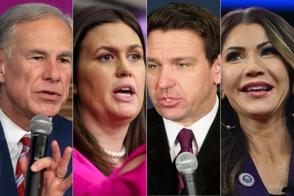 Los gobernadores republicanos Greg Abbott (Texas), Sarah Huckabee Sanders (Arkansas), Ron DeSantis (Florida) y Kristi Noem (Dakota del Sur).