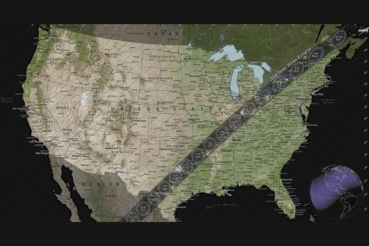 Mapa de los Estados Unidos que muestra las carreteras que tendrán más problemas de tráfico debido al paso de un eclipse solar total el próximo 8 de abril de 2024.