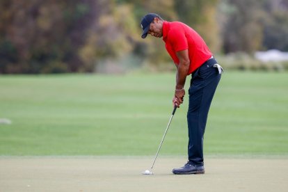 Tiger Woods concentrado dándole a la bola.