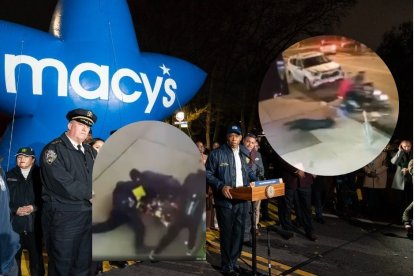 Eric Adams da una rueda de prensa junto agentes de policía con imágenes de delitos cometidos en Nueva York.