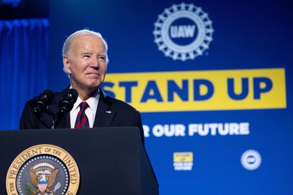 US President Joe Biden speaks at the United Auto Workers (UAW) union conference at the Marriott Marquis, Washington, DC, on January 24, 2024. - US President Joe Biden won the coveted election endorsement of America's biggest car workers union Wednesday, in a major boost to the Democrat's battle with Donald Trump for the crucial blue-collar vote.